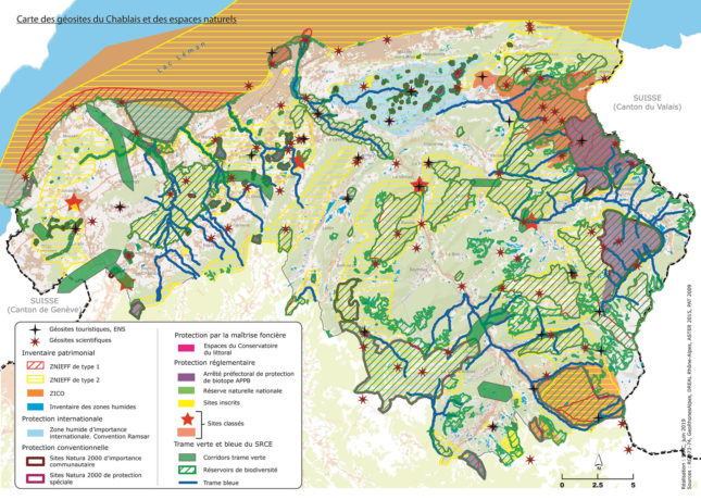 Carte des géosites du chablais et des zone de protection de l'environnement